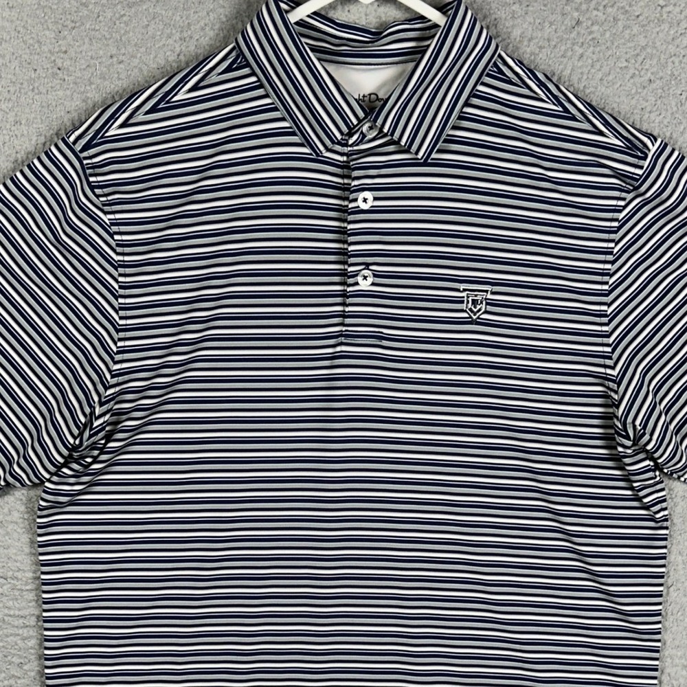 Straight Down Polo Shirt Mens Medium Blue Muirfield Village Golf Striped Rugby